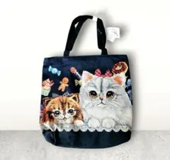 【新品】トートバッグ レディース A4 ゴブラン 猫 ねこ 刺繍　ブラック
