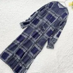 ニコアンド　スカーフプリントワンピース　F 紺色　総柄　花柄　ドット柄　着痩せ