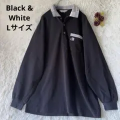 【ブラックアンドホワイト】 L 長袖ポロシャツ 襟柄 黒 ゴルフ 通勤 綿のサムネイル