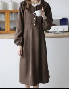 ブラウン フリル襟 ワンピース