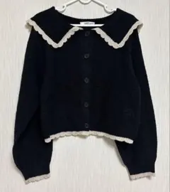 襟付き ニット カーディガン レース フリル