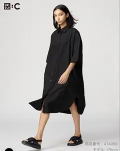 【新品】UNIQLO C コットンオーバーサイズシャツワンピース ブラックS