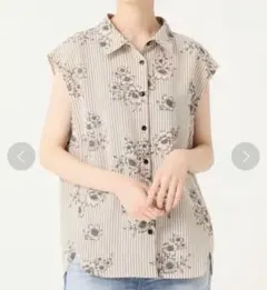 IENA ストライプフラワーノースリーブシャツブラウス