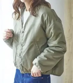 ノーカラー ショート ボア ブルゾン リバーシブル カーキ ホワイト ボア