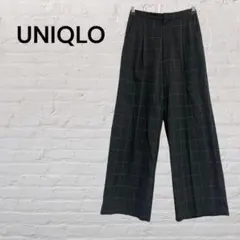ユニクロ チェック柄 ワイドパンツ スラックス グレー オフィス　ウエストゴム
