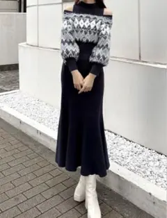 【MERCURYDUO】ノルディックジャカードドッキングニットワンピース