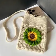 手作り 編みバッグ（見本写真を参考に製作可）　編み物スマホショルダーバッグ