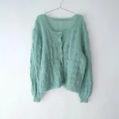 vintage 古着 くすみグリーン ふわふわ モヘア ニット カーディガン