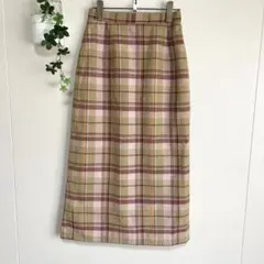 KBF 【美品】チェック柄　ラインミディ　ロングスカート　ベージュ×ピンク