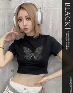 【完売】ちゃんかお着 ブラッククイーン 蝶々 タイト クロップド Tシャツのサムネイル