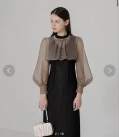 訳あり【LEJA】パールネックパフスリーブボレロ格子レースワンピースドレス