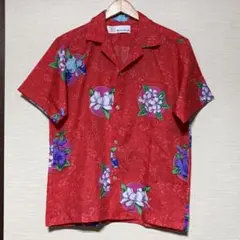 レトロ 花柄 刺繍 半袖シャツ レッド オレンジ 開襟シャツ オリジナル 