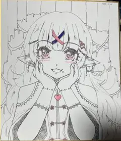 手描きイラスト 094】オリジナル原画色紙美人画コピック「白い悪魔