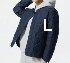 新品　ＬパフテックノーカラージャケットネイビーUNIQLOユニクロ紺キルティング