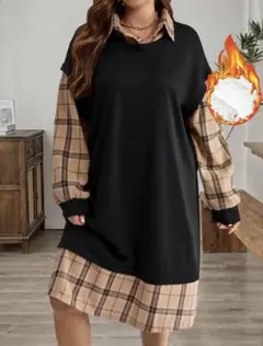 【大きいサイズ】パッチワーク長袖ワンピース5L~6L(4XL~5XL)黒チェック