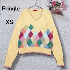 【プリングルPringle】薄手　アーガイルVネックニットセーター　ロゴ刺繍XS
