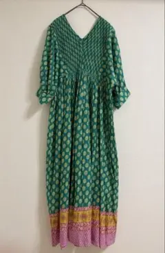 ships ピンタック　パネル　プリント　インド綿　ワンピース　エスニック