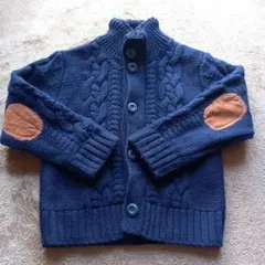 ネイビー ケーブル編み カーディガン肘パッチ付きグローバルワークL(120cm)