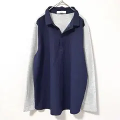 ◉ikka　ネイビー×グレーの配色長袖ポロシャツ　L　スキッパー襟　レディースのサムネイル