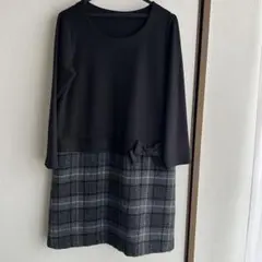 GALLERY VISCONTI リボンつき裾チェック長袖ワンピース