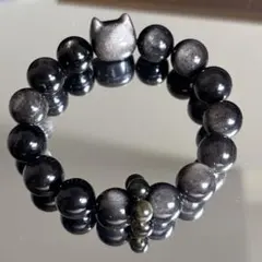 シルバーオブシディアン　天然石 猫モチーフ ブレスレット　パワーストーン