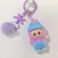 ラブブ ぬいぐるみキーホルダー✨帽子×サロペットlabubu　紫&水色 1個