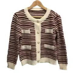 赤茶と白のボーダー　ニットカーディガン フリー オフィスにも最適レディース