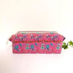 大容量ペンケース　濃いピンク花柄✕ブラウン　ボックスポーチ　キャラメルポーチ