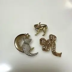 【バラ売り可】猫と月・猫・リボンのブローチセット