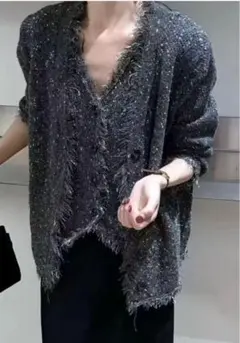 ぞうねこ フリンジニットジャケット　グレー