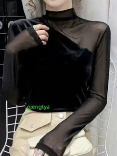 シンプル　高級感　ベロア　秋　冬　シースルー　トップス　セクシー　エレガント3