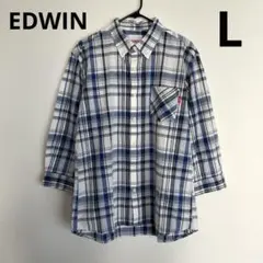 エドウィン メンズ 七分袖 チェック ボタンダウンシャツ 青 白 L 綿