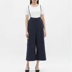 【新品】GU サロペットワイドパンツ(ストライプ)WT+E(ネイビー)