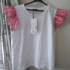 ZARA フリルスリーブ Tシャツ S ホワイト/レッド