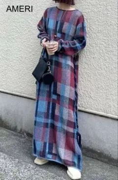 AMERI BIG CHECK LACE UP KNIT DRESS