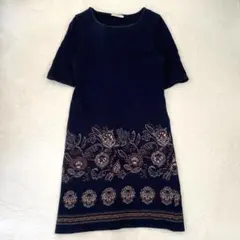 フィフィーユ ワンピース 半袖 クルーネック コットン 花柄 ネイビー M相当のサムネイル