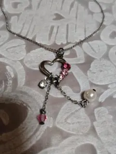ハート型ネックレス ピンクストーン　パール付 き
