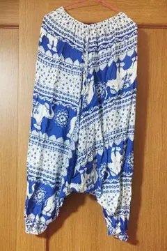 サルエルパンツ 夏用 インド 象 ブルー 古着 中古品