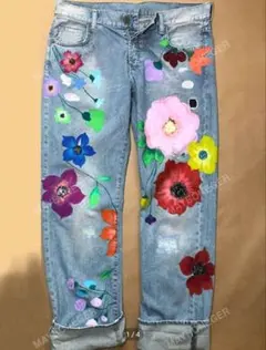 SHEIN　XXL フラワープリント　ダメージデニム　デニムパンツ　ジーパン