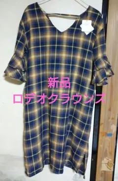 1ロデオクラウンズ 半袖膝丈ワンピース Vネック タータンチェック フリル