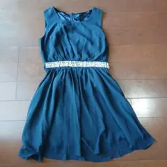 ネイビー Aラインドレス パールビーズ