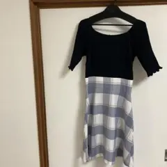 プロポーションボディドレッシングの切り替え5部袖ワンピース、ネイビー✖️チェック柄