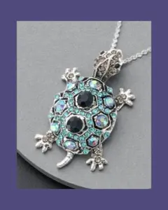 ♠♦♣♥2WAYで使えるラインストーンの亀さんペンダント（ブルー）