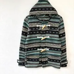 【GUジーユー】フード付き総柄ニットフリースショートダッフルコートL　エスニックのサムネイル