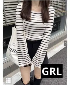 GRL ボーダー柄 スクエアネック フレアスリーブ ニットトップス M