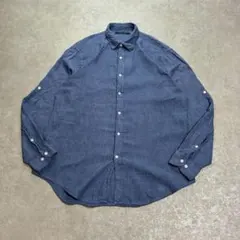 90s ペリーエリス リネンシャツ L ブルーグレー麻100％半袖 ロールアップ