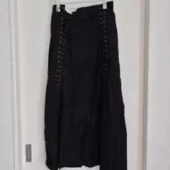 ブラック レースアップ ロングスカート 編み上げデザイン Aライン モード系 L