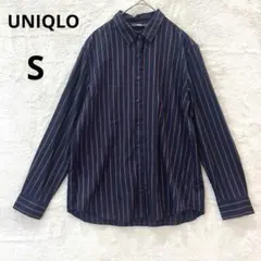 美品 UNIQLO S ネイビー レーヨンストライプ ブラウス（長袖） シャツ