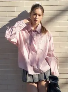 AmlyCity ボウタイ付きチェック柄長袖シャツ Blue check - メルカリ