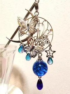 付替かんざしの飾りのみ【簪棒別売】海色ホタルガラス＆銀色2重羽透かし蝶＆三日月